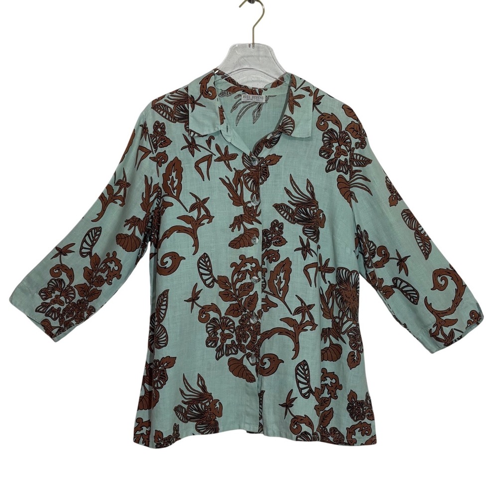 Russ Berens‎ Women Green Brown Floral Linen Blend Button Down Shirt Top Size L